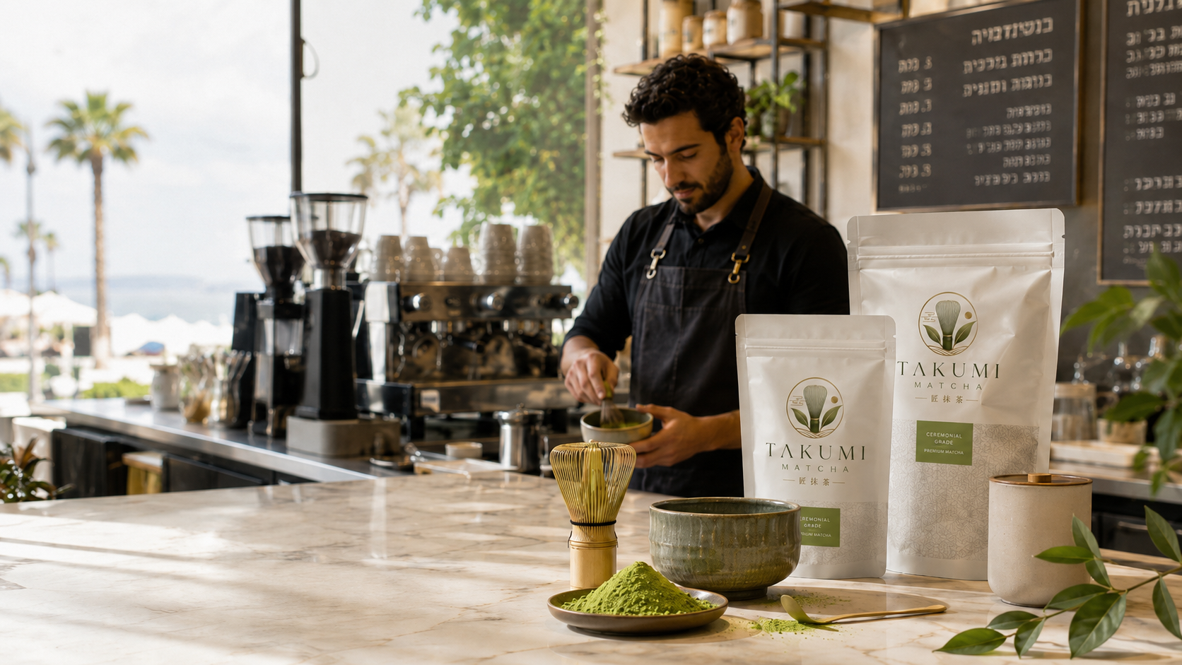 בריסטה מכין Takumi Matcha כחלק מעבודה מקצועית בבית קפה
