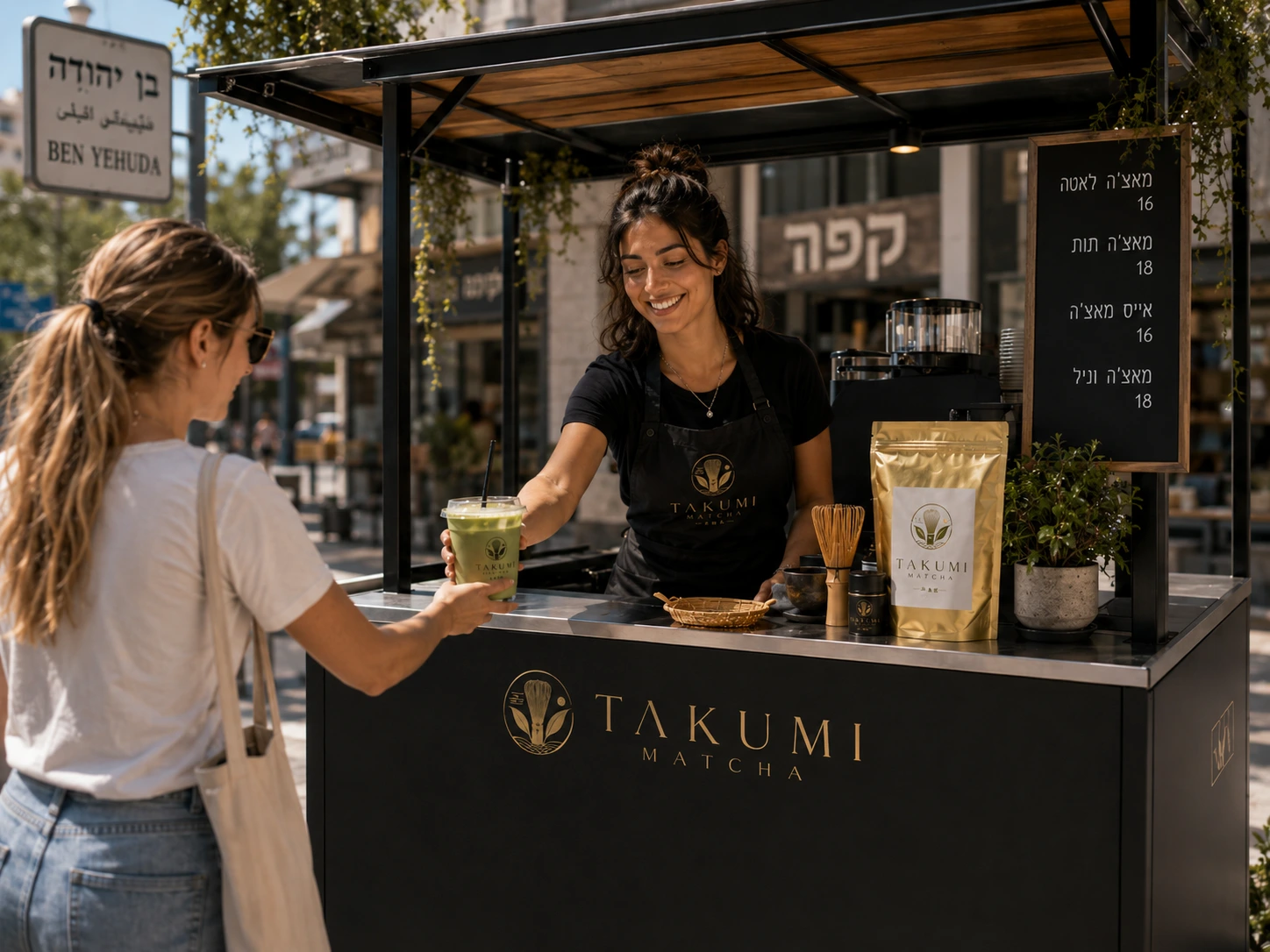 לקוחה מקבלת אייס מאצ׳ה מעגלת קפה ברחוב
