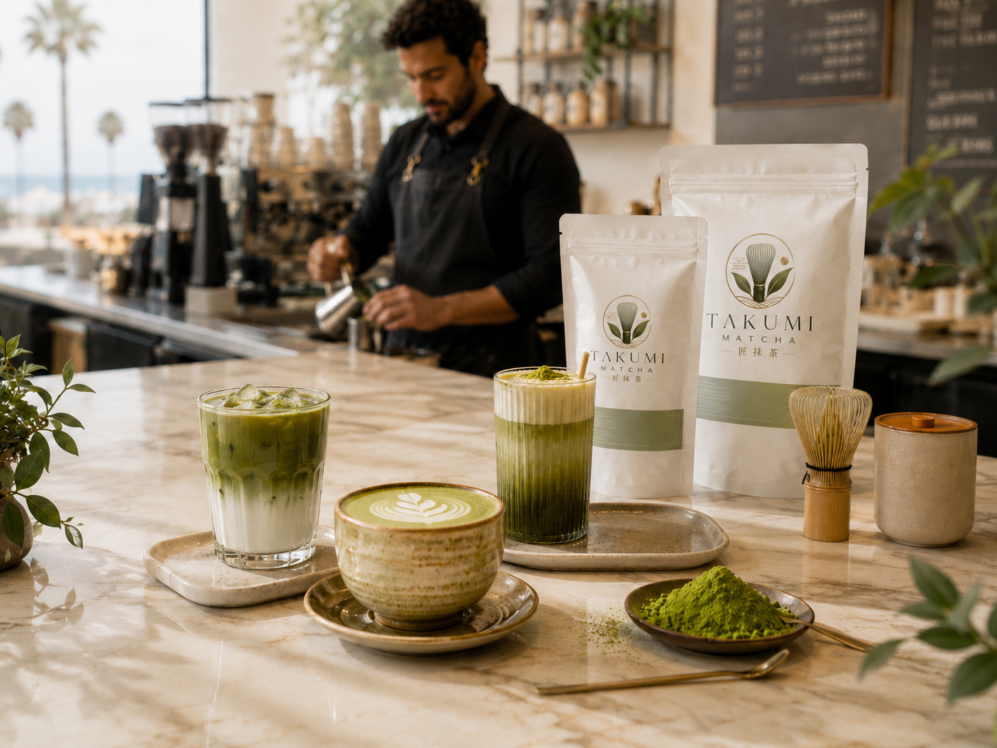 שקיות Takumi Matcha ומשקאות מאצ׳ה המיועדים לעבודה מקצועית בעסקים