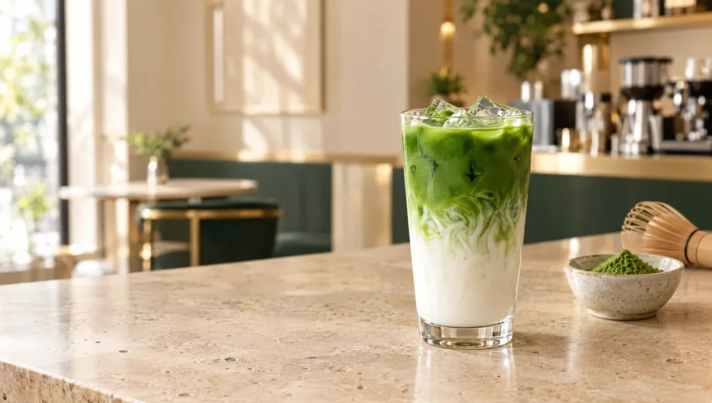 מאצ׳ה לאטה קר עם אבקת מאצ׳ה Takumi Matcha